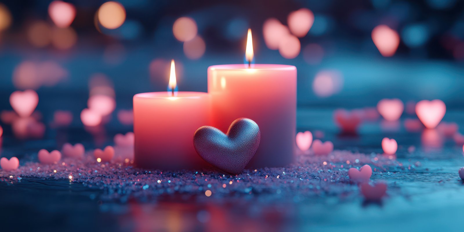Romantic candles create a cozy atmosphere surrounded by heart-shaped decorations for an intimate evening